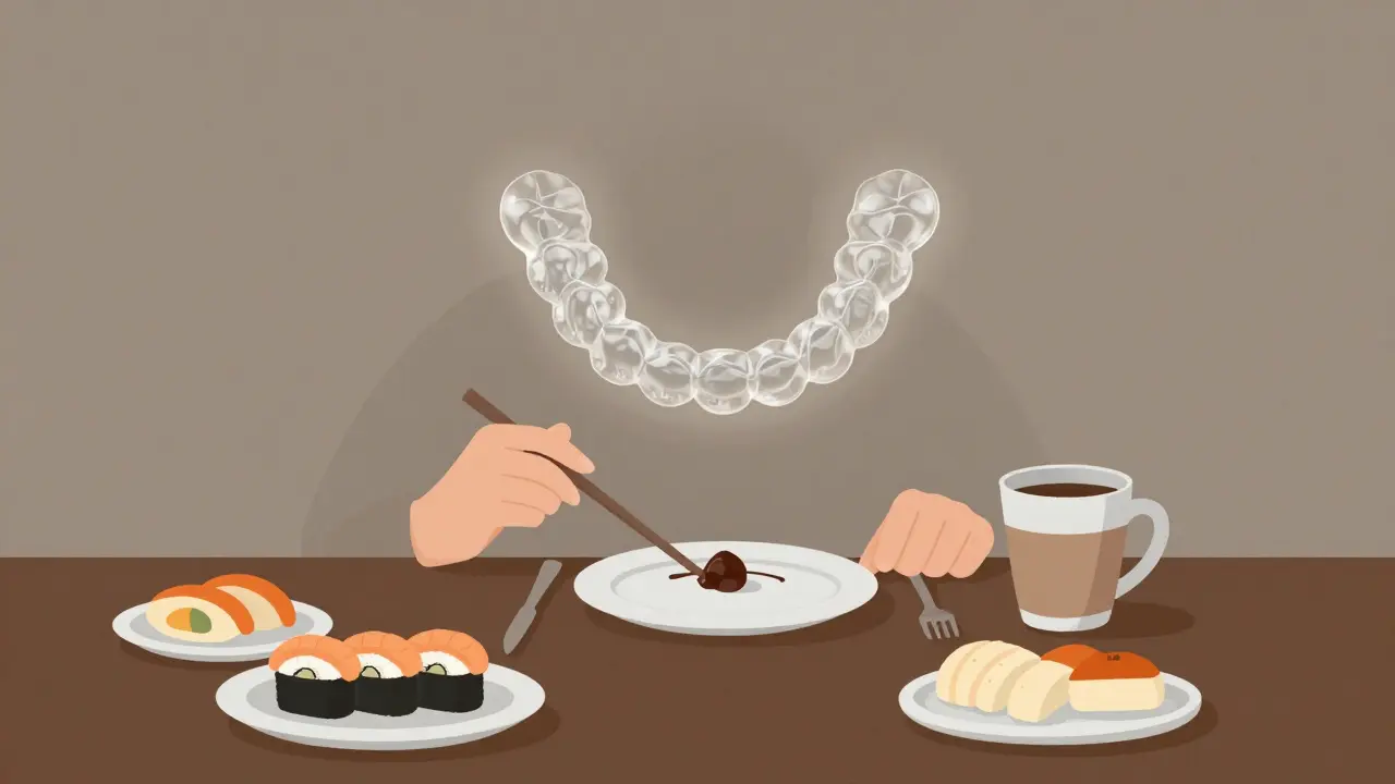 Průhledná rovnátka visí nad jídlem, symbolizujíce správné používání.