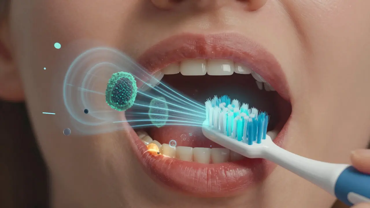 Průřez úst s bakteriemi odstraňovanými sonickými vlnami, zdravé dásně v teplých odstínech, plak v chladných tónách.