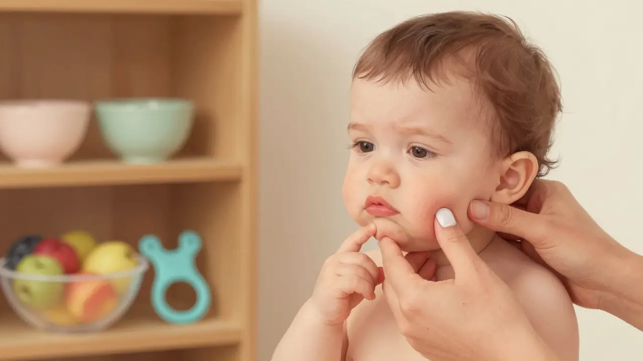 Rodič jemně masíruje dásně dítěte čistým prstem, v pozadí chladný kousák a ovoce.