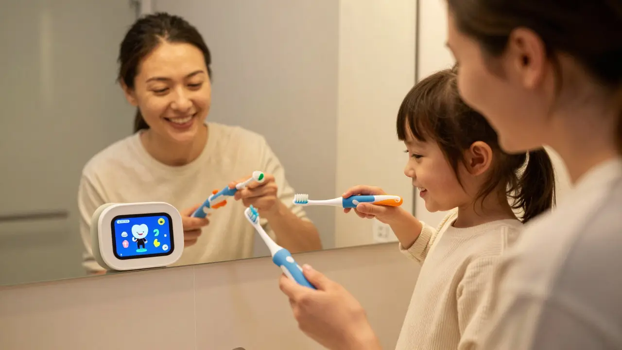 Rodina společně čistí zuby, dítě se usmívá do zrcadla, sonické kartáčky mají barevné hlavičky a na zdi svítí herní obrazovka.