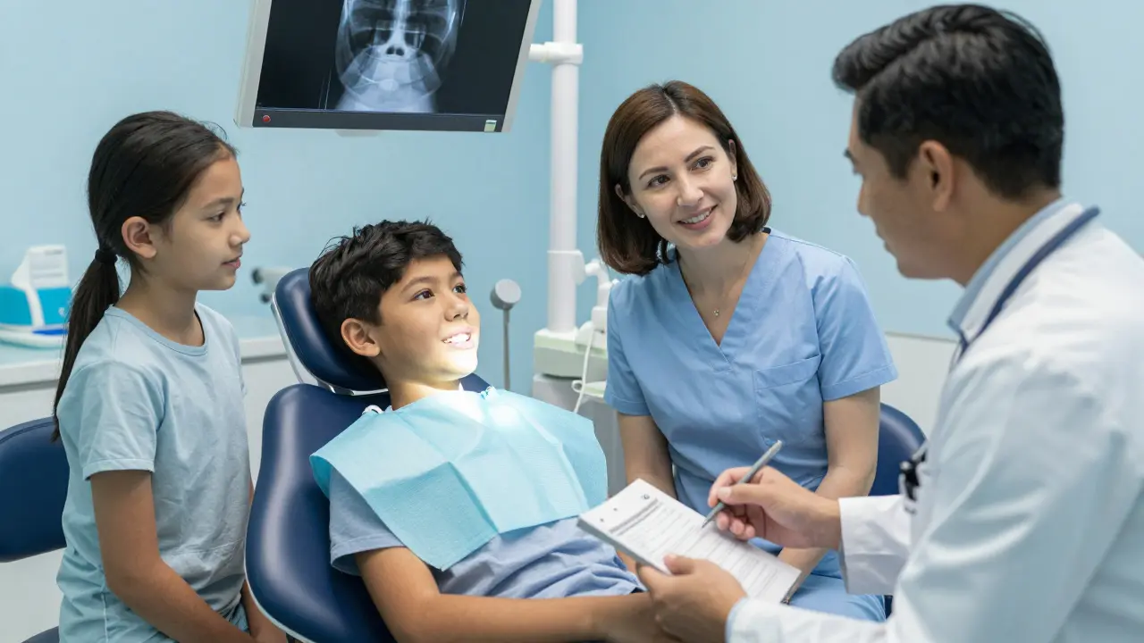 Rodina u ortodonta při konzultaci růstu zubů dítěte