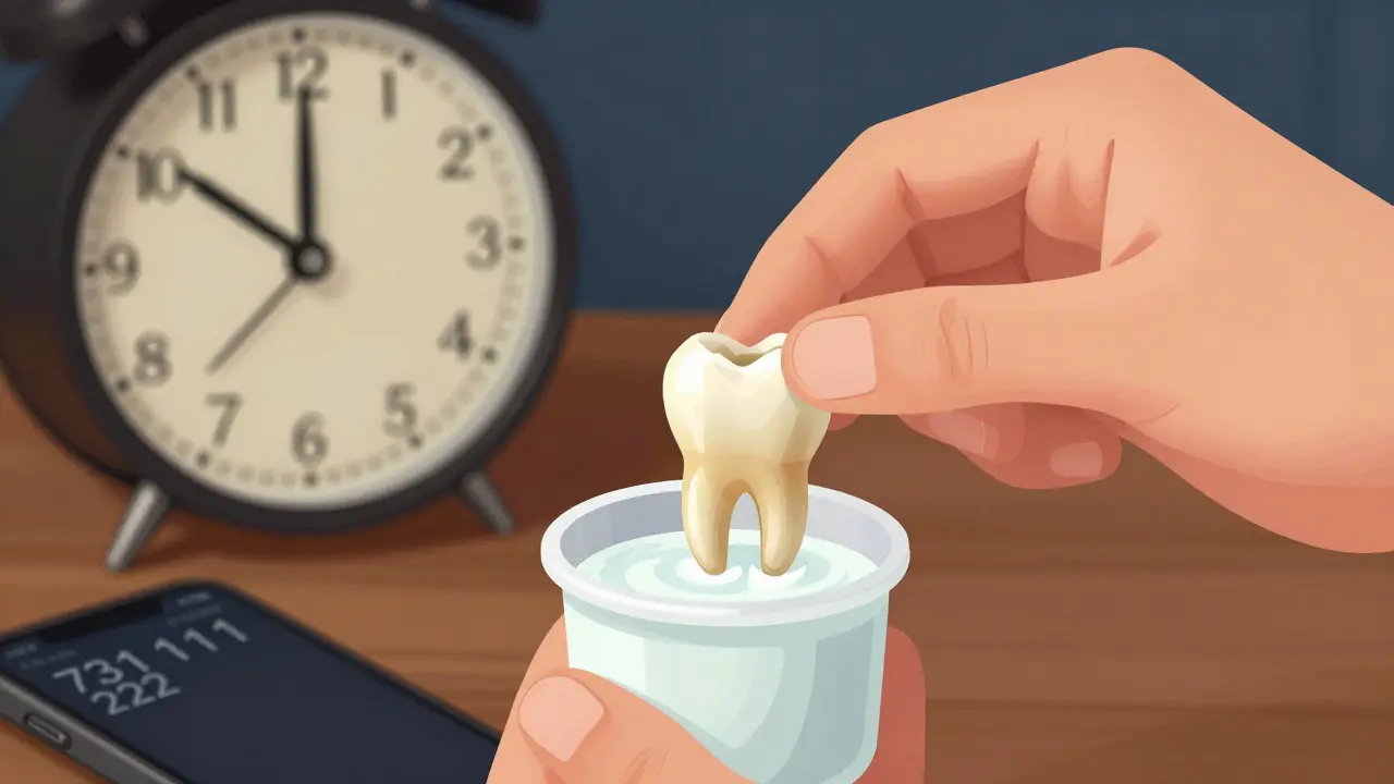 Ruka ukládá vypadlý zub do sklenice s mlékem, na pozadí je vidět mobil s číslem pohotovosti.