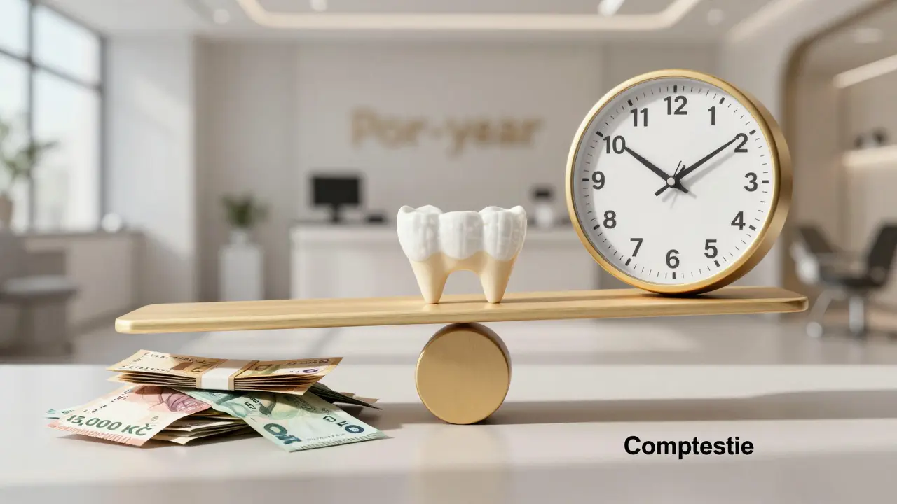 Scale balancing cost of composite veneers versus long-lasting porcelain veneers over 10 years.