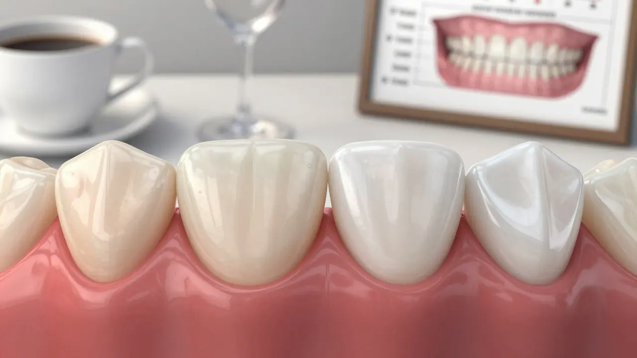 Side-by-side comparison of stained composite veneer and pristine porcelain veneer.