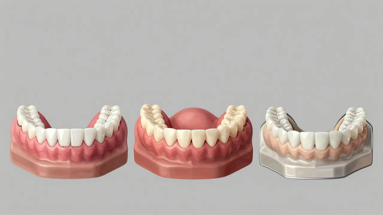 Srovnání tří typů nalepovacích zubů: akrylové, termoplastické a hybridní s kovovým rámem.