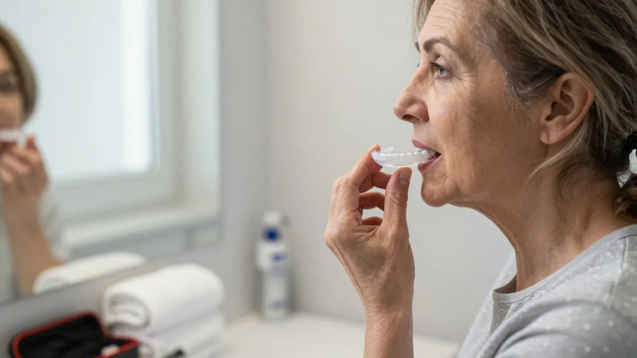 Starší žena při aplikaci hybridních nalepovacích zubů před zrcadlem s čistými potřebami na stole.