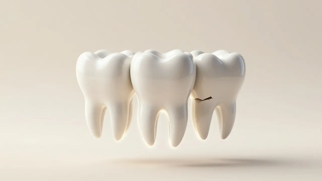 Tři celokeramické fazety a jedna poškozená visí ve vzduchu nad obrysem přirozeného zubu, symbolizující jejich modulární povahu.