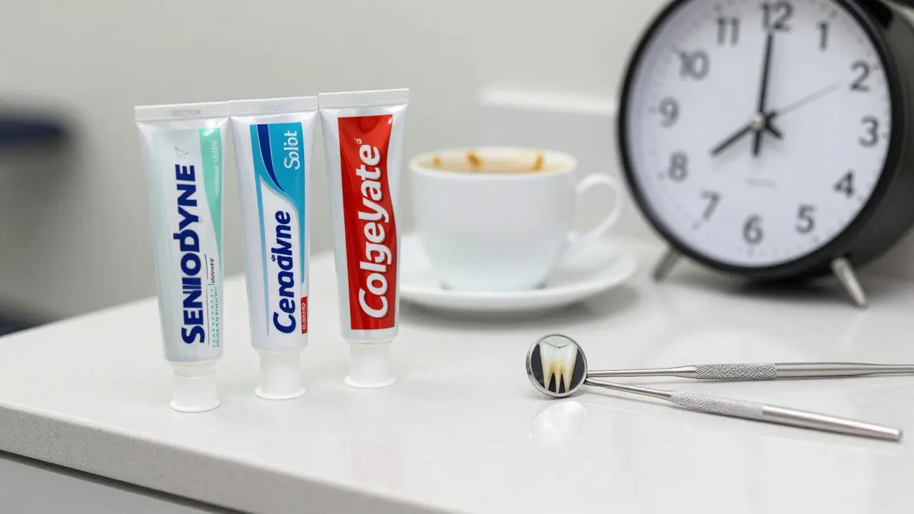 Tři značky bělících past na lékárně, vedle nich zrcadlo, rentgen zubu a kávová šálka, symbolizující efekt a rizika bělení.