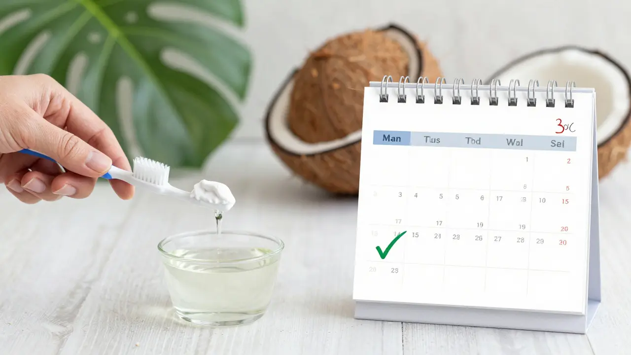 Týdenní péče o zuby: baking soda, kokosový olej a kalendář s označenými dny pro postupné zlepšení.
