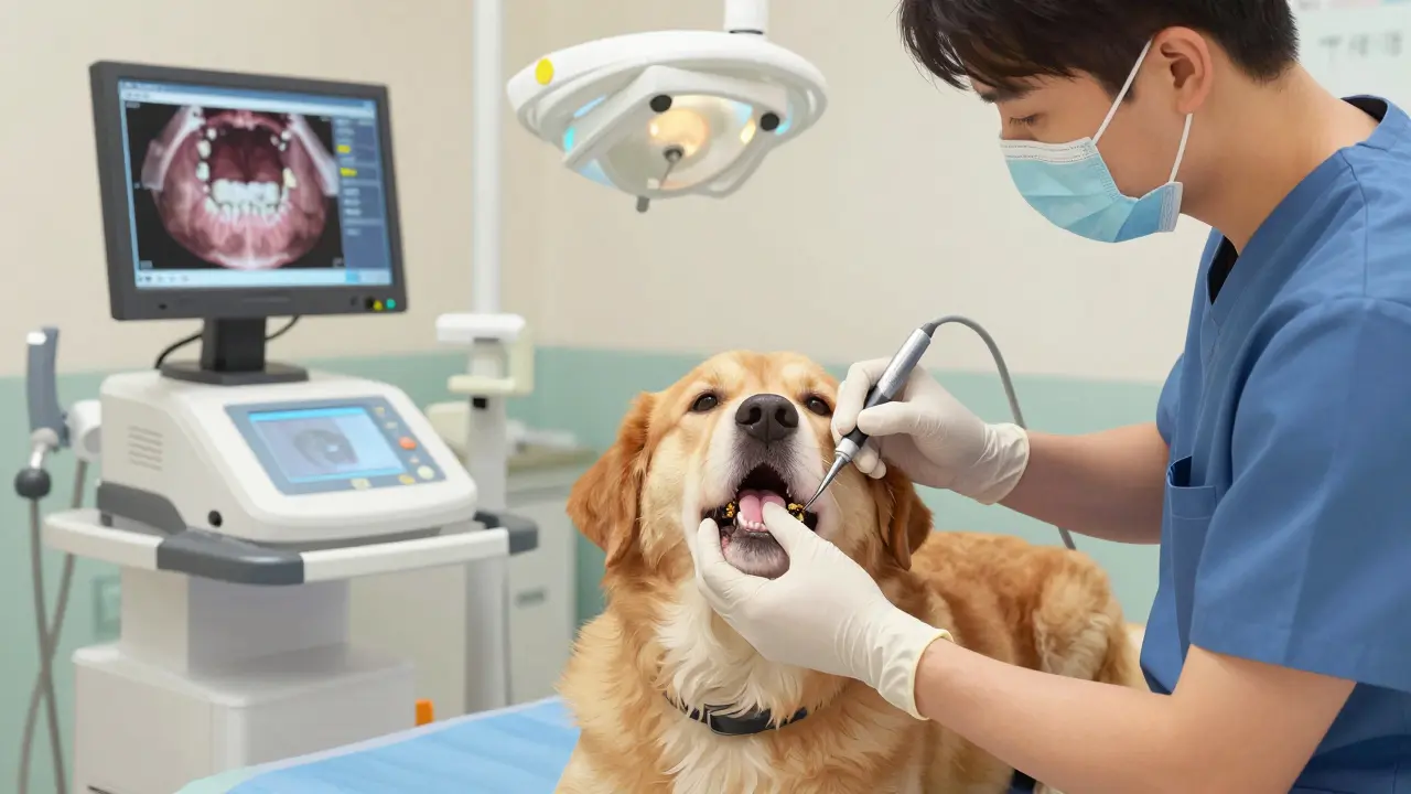 Veterinář čistí zuby psa pod anestézií pomocí odborných nástrojů.