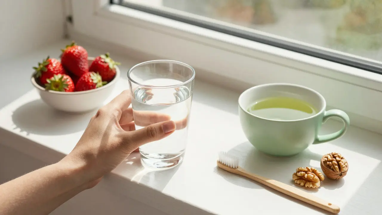 Zdravá snídaně s jahodami, zeleným čajem a oříšky pro dentální hygienu.