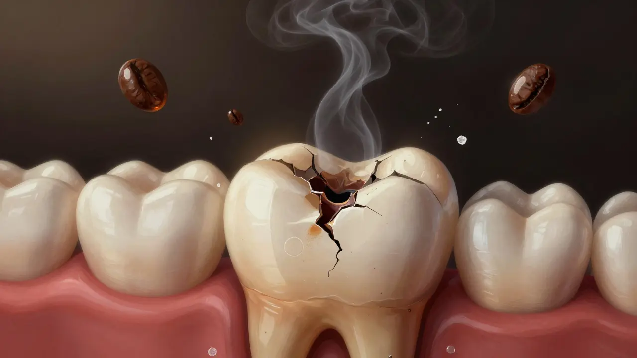 Zub s prasklinami, do kterých se vstřikují barviva z kávy, tabáku a cukru.
