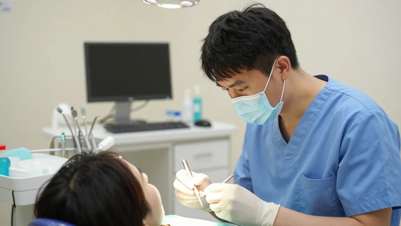 Zubař vyšetřuje pacienta v ordinaci s nástroji.