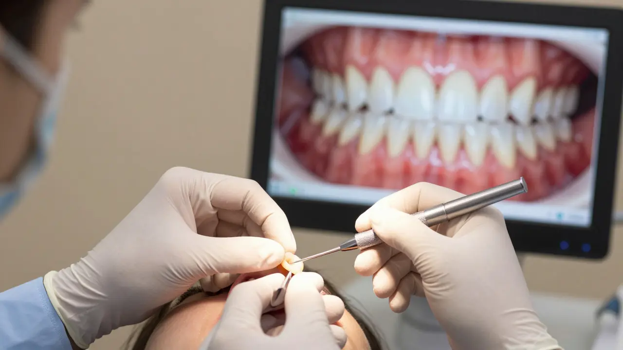 Zubní lékař připevňuje tenkou keramickou fazetu na zub pomocí jemných nástrojů v klinice.