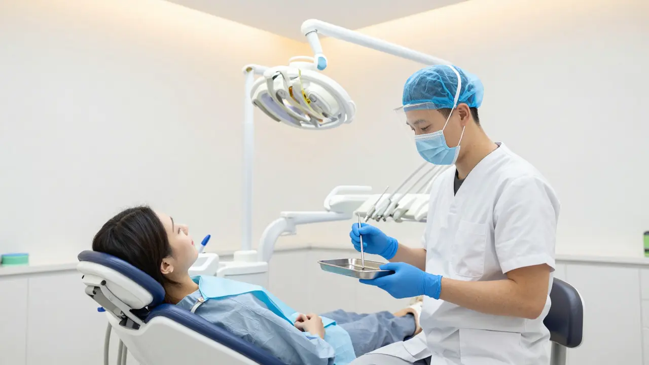 Zubní lékař připravuje nástroje v jasné ordinaci