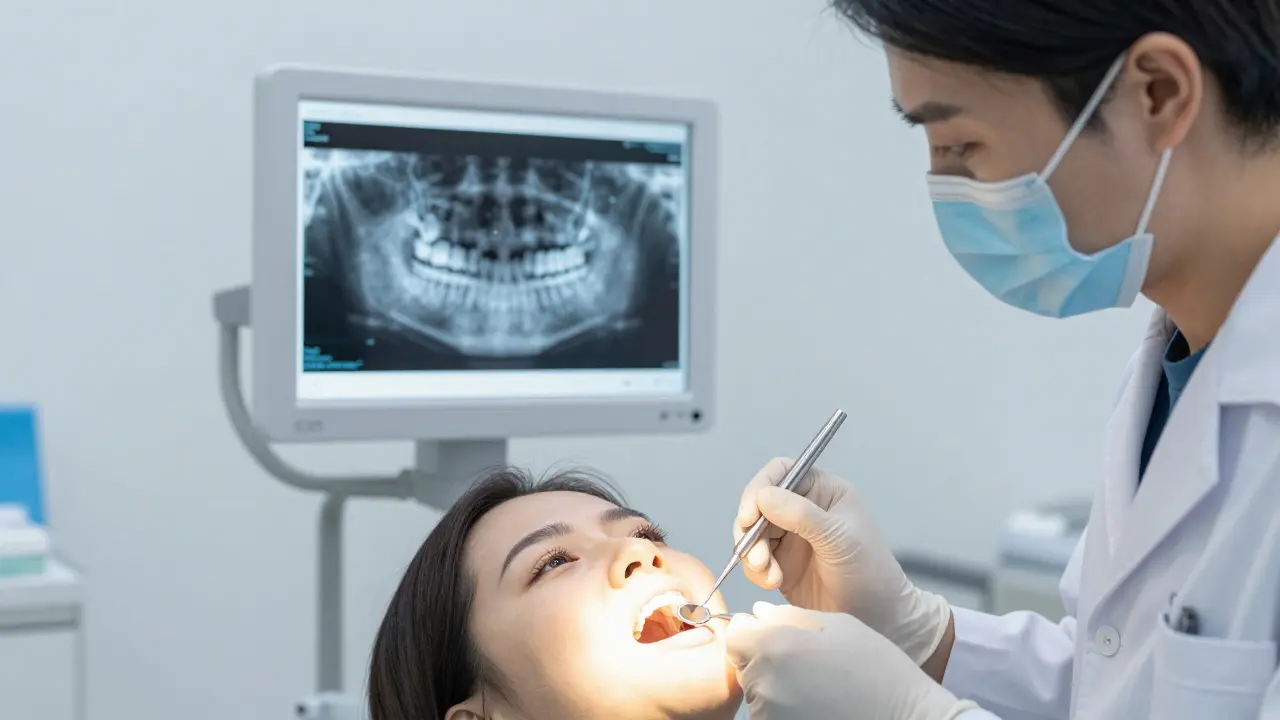 Zubní lékař prohlíží zub pomocí zrcátka a světla, na pozadí rentgenový snímek.