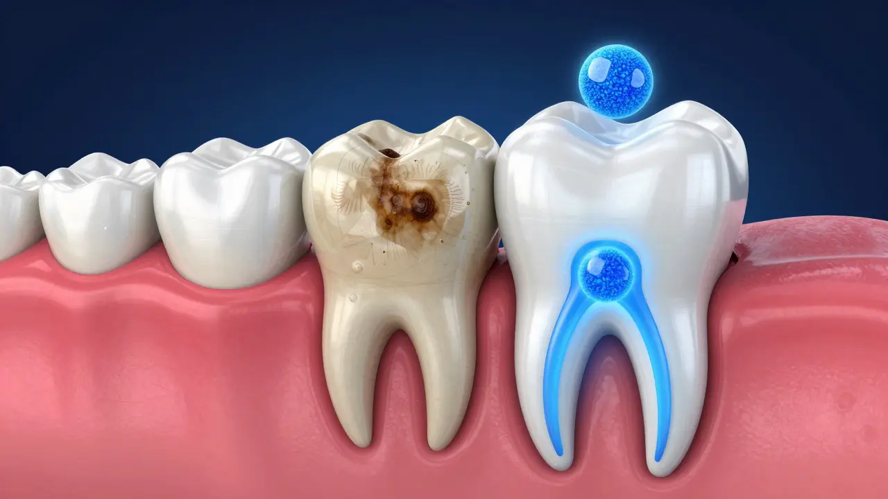 3D ilustrace mechanismu mechanického a chemického bělení zubu.