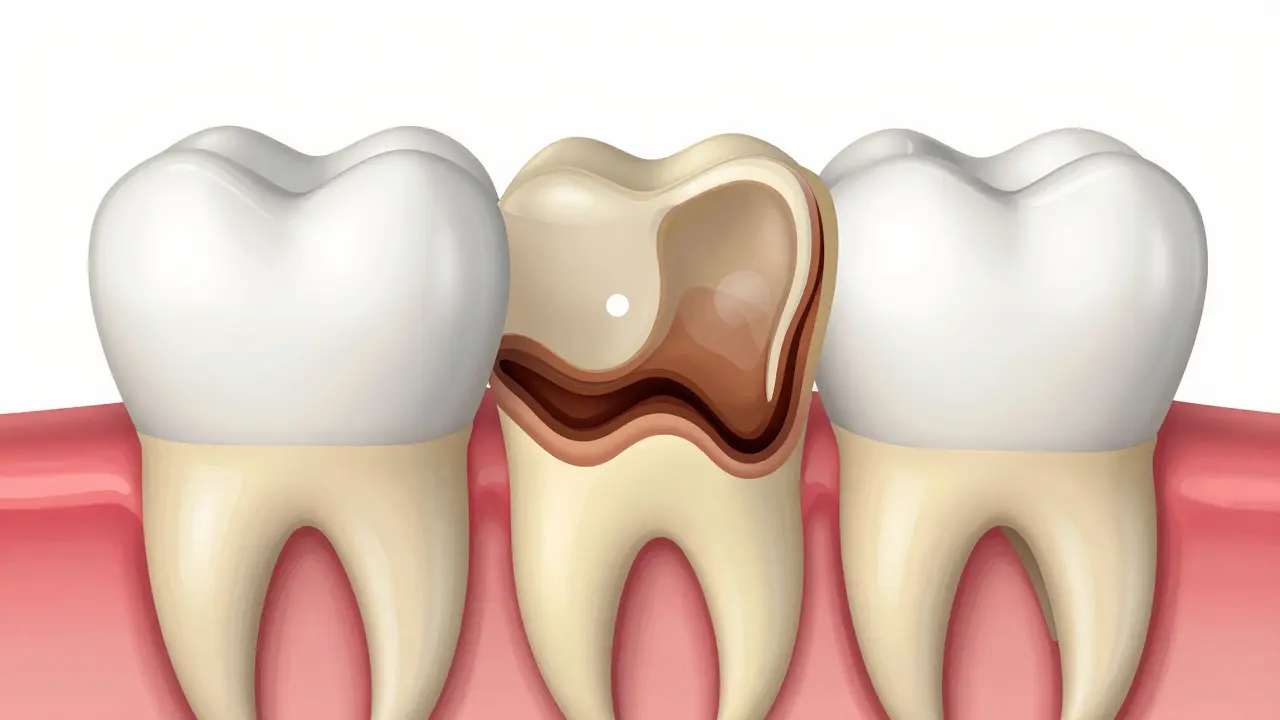 3D ilustrace průřezu zubu ukazující postup kazu od skléziny k dentinu.