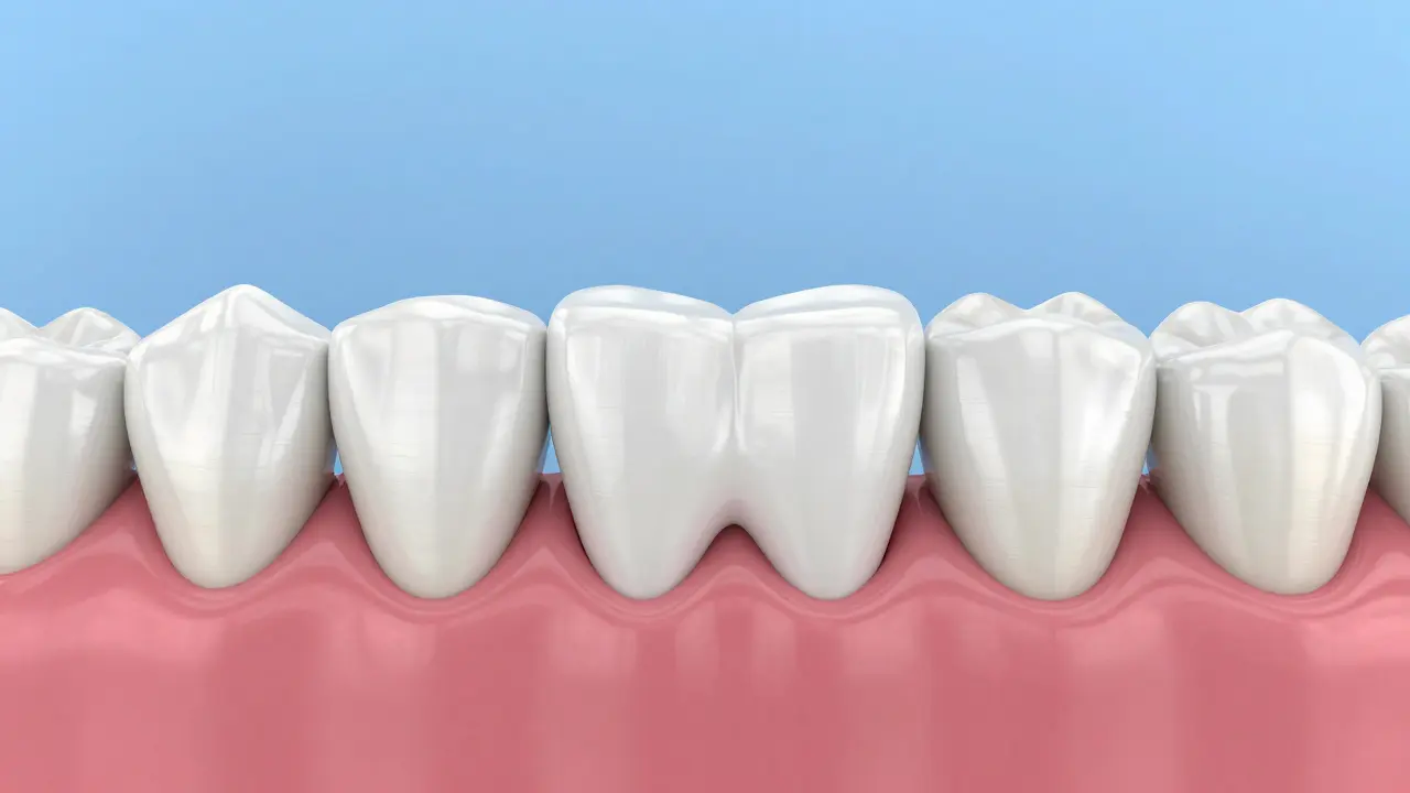 3D ilustrace ukázující, jak fazeta opticky srovnává křivý zub.