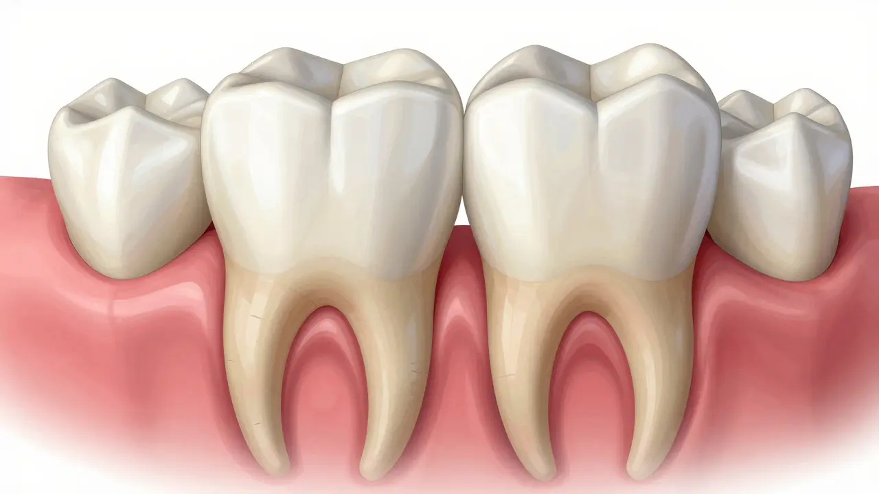 Anatomická ilustrace premolárů a molárů s detailem korunek a kořenů.