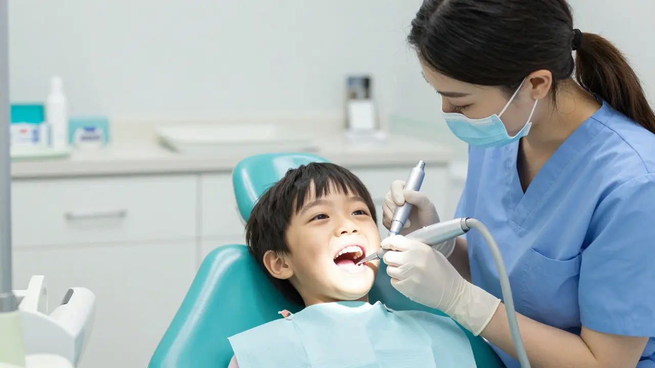 Dentální hygienistka jemně čistí zuby dítěte v moderní ordinaci.