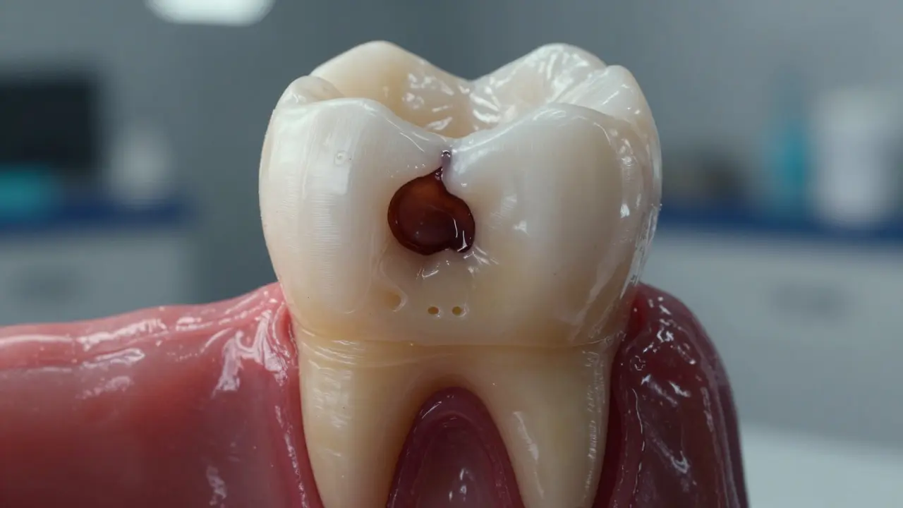 Detail hlubokého kazu v dentinu s zanícenými dásněmi