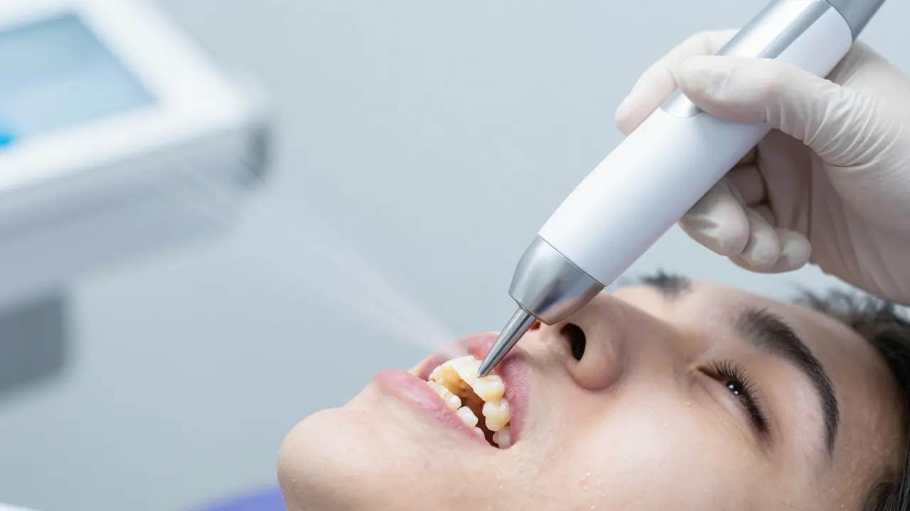 Detail profesionálního odstranění zubního kamene pomocí ultrazvukového přístroje.