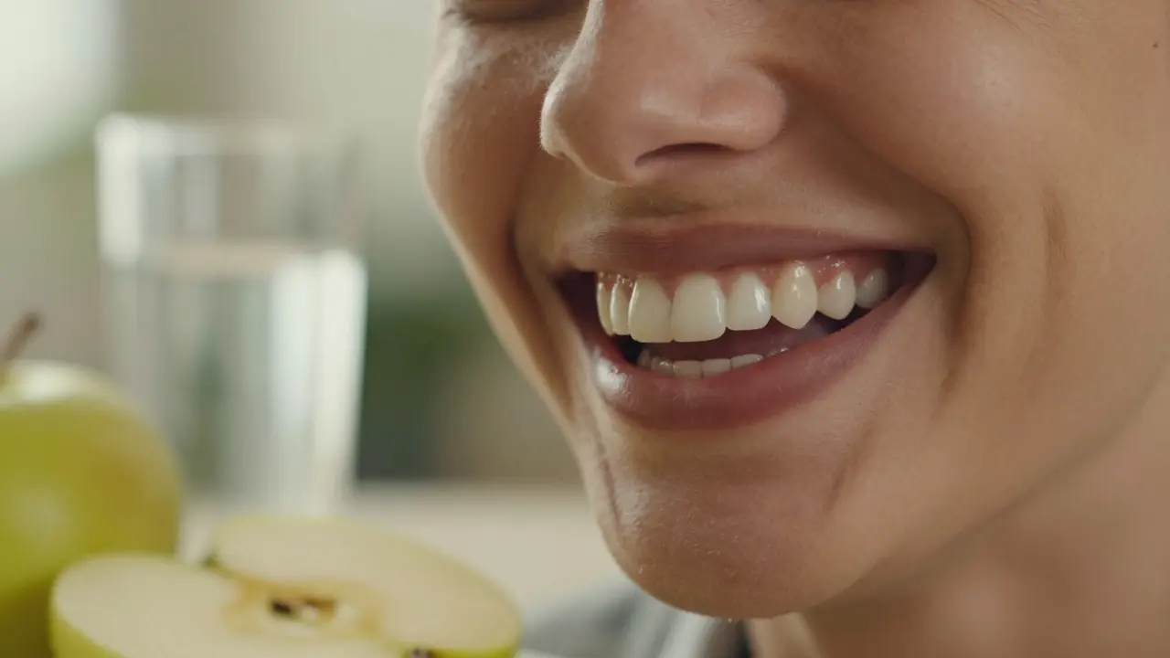 Detail zářivého a zdravého úsměvu člověka v přirozeném světle.