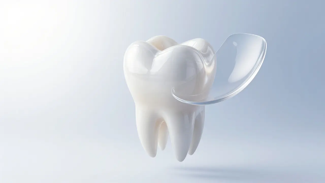 Detailní 3D vizualizace průsvitné keramické facetky před aplikací na zub.