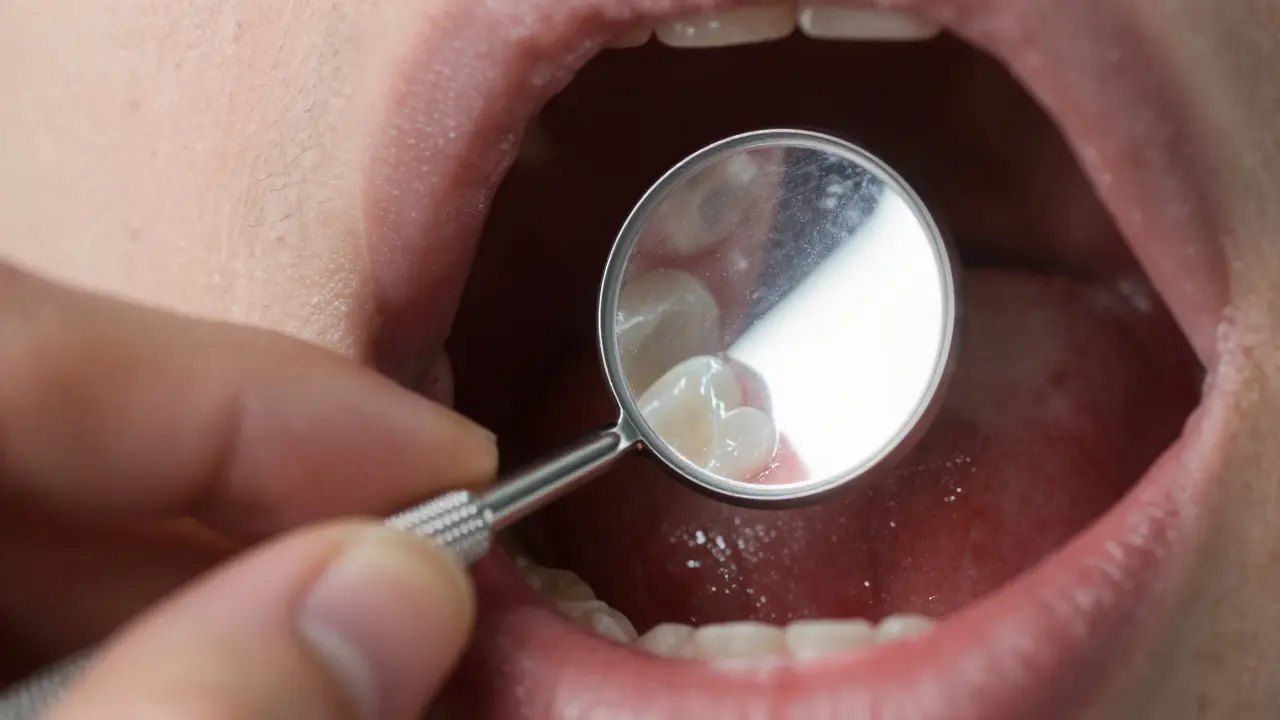 Detailní pohled na použití dentálního zrcátka k kontrole dásní u zadních zubů.