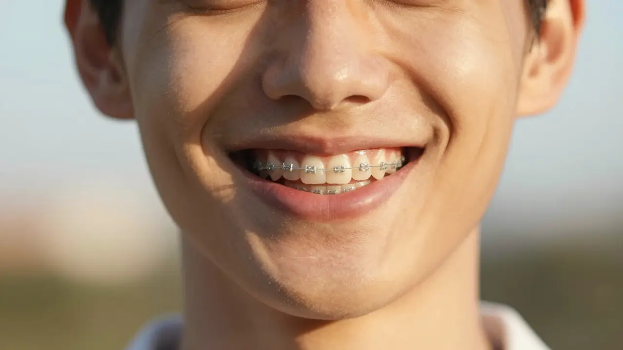 Detailní úsměv s perfektními zuby a mizícími obrysy rovnátka.