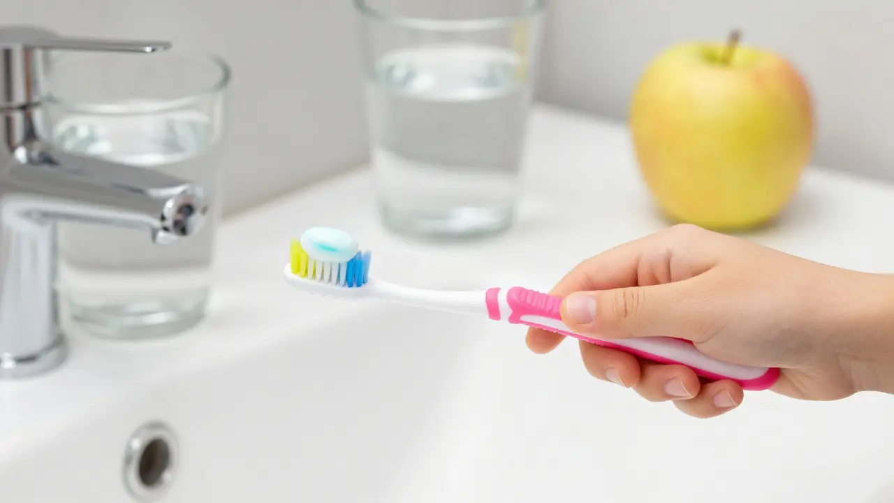 Dětský kartáček s pastou a jablko jako symbol prevence zdraví zubů.