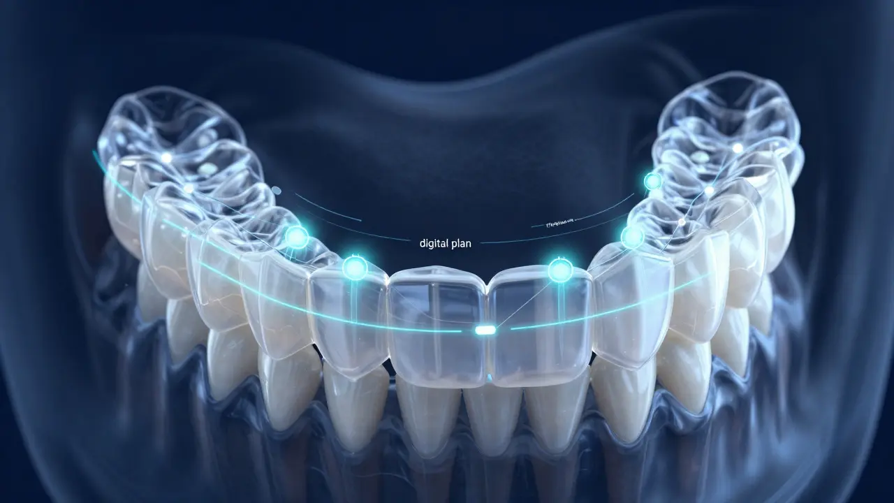 Digitální 3D model čelisti s průhlednou rovnátkou a plánovaným pohybem zubů.
