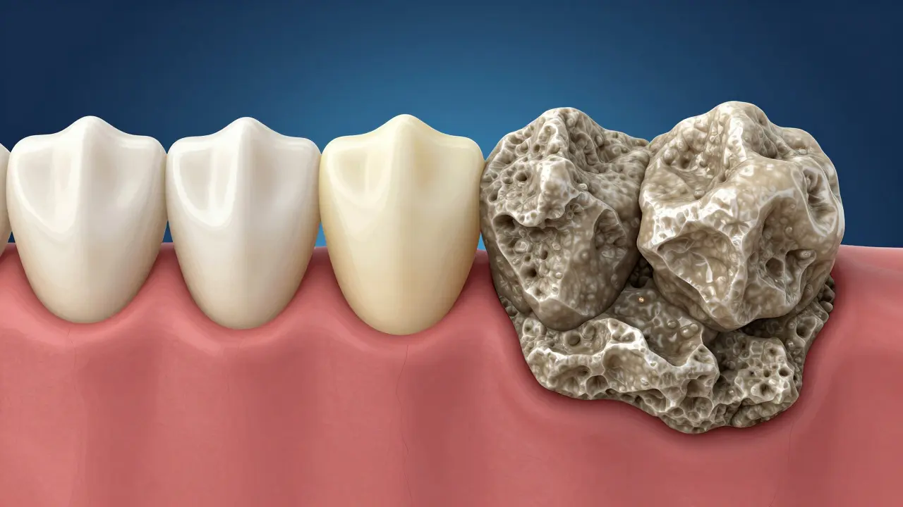 Ilustrace přeměny měkkého zubního plaku v tvrdý zubní kámen.