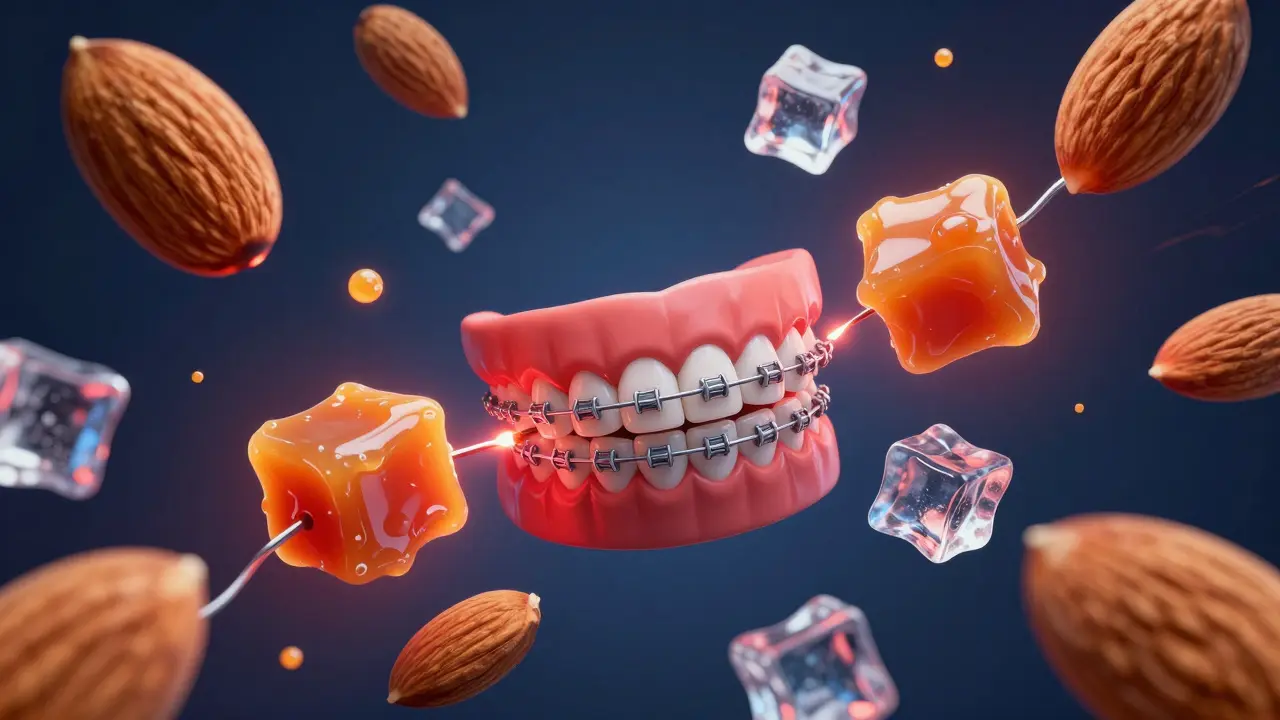 Ilustrace rizikových potravin jako ořechy a karamely kolem rovnátek.