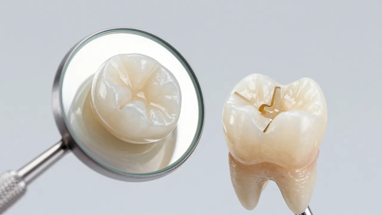 Kompozitní inlay a prostor v zubu pro její přesné zapasování