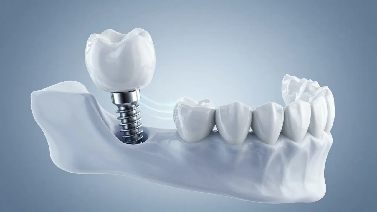 Konceptuální 3D model zubního implantátu s titanovým šroubem v čelistní kosti.
