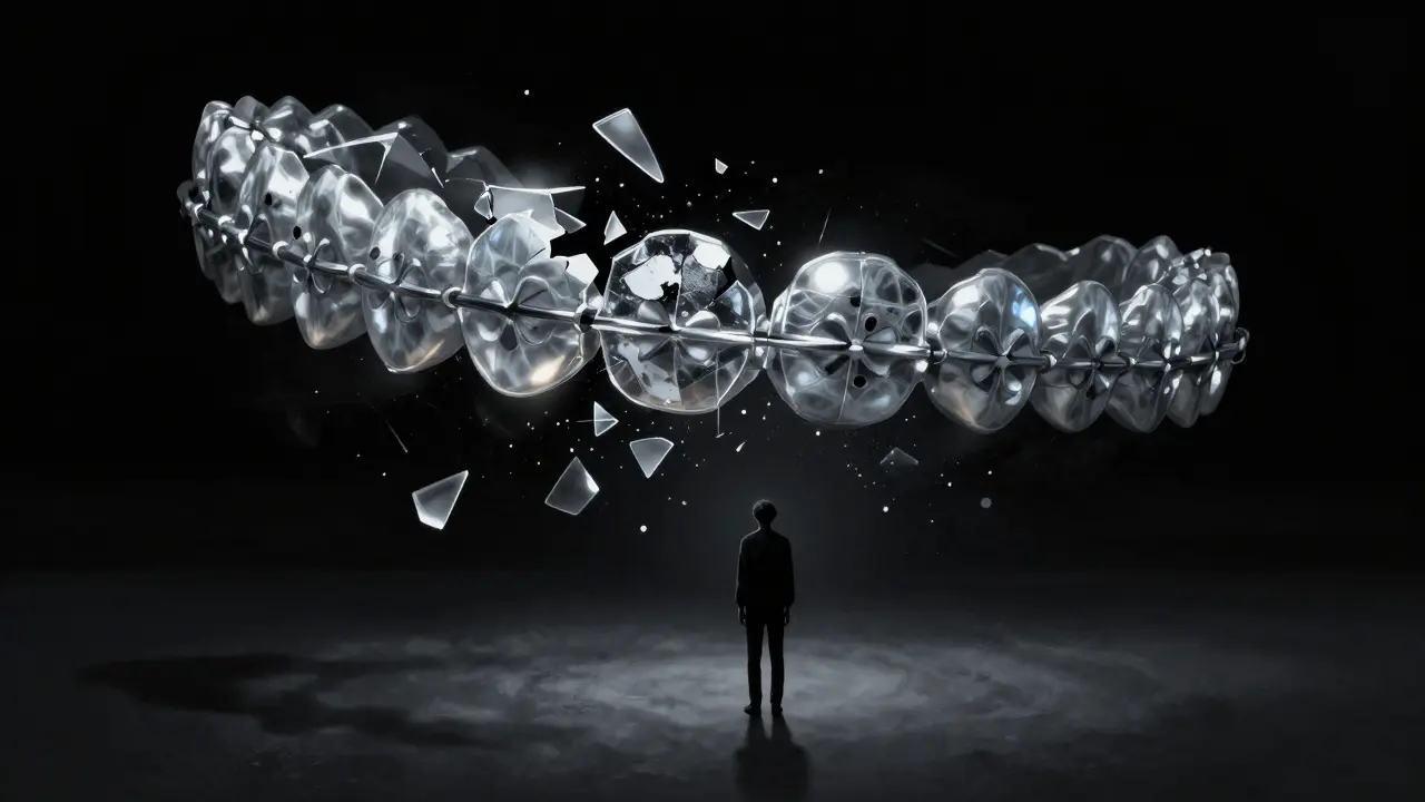 Konceptuální obraz rozpadajících se rovnátka v temném prostoru.