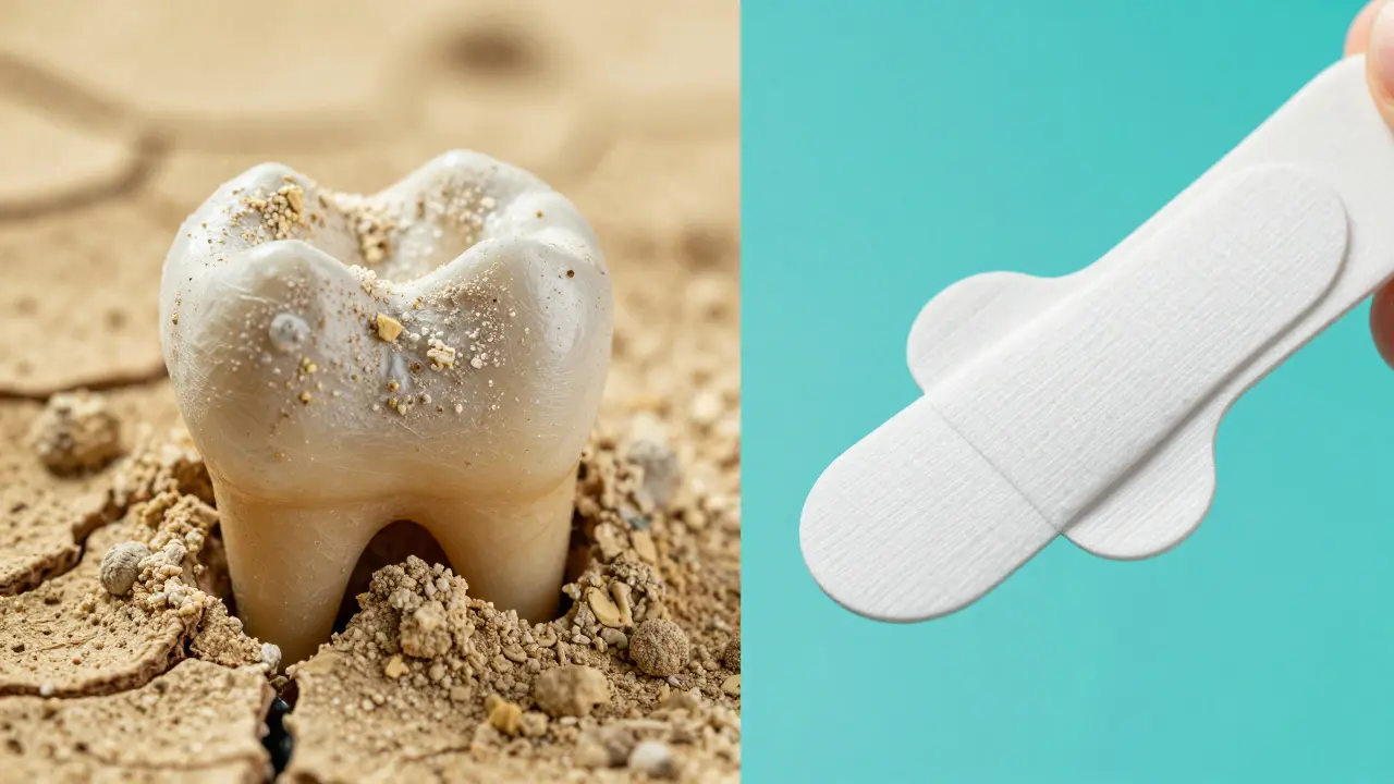 Konceptuální srovnání tvrdého zubního kamene a bělicí pásky na zubech.