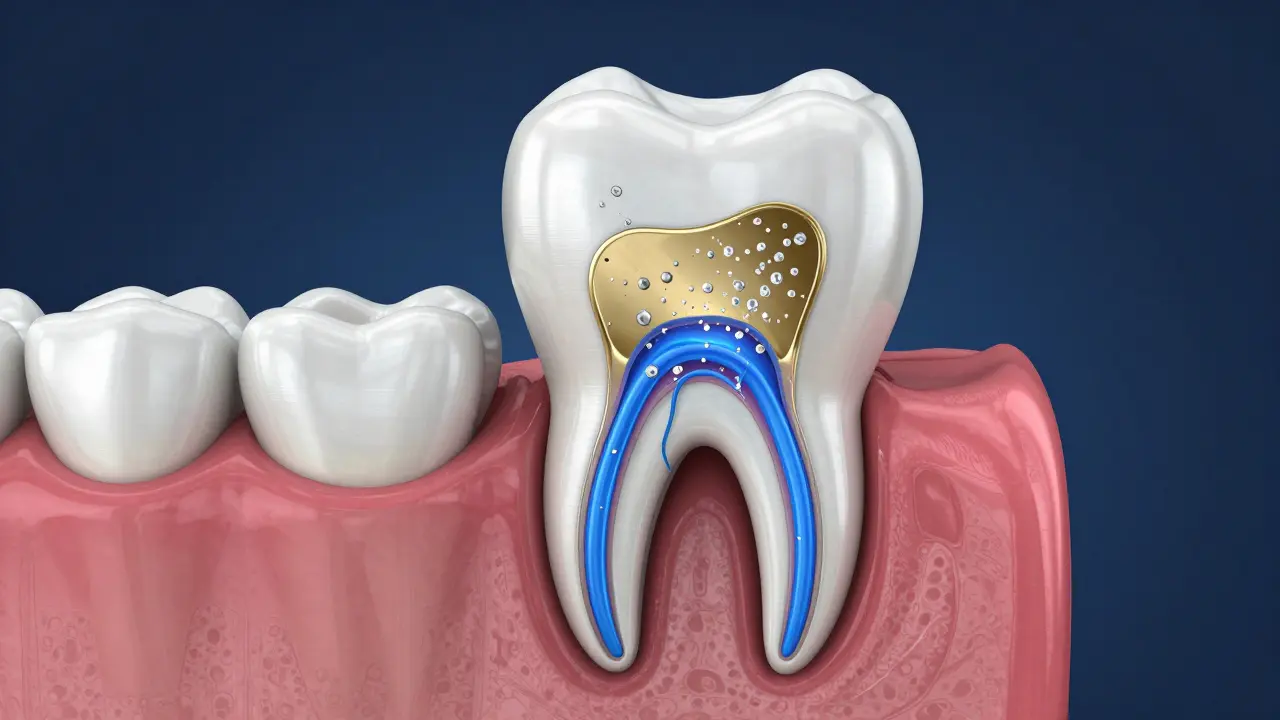 Konceptuální znázornění zubní skloviny a ochranných minerálů u nervu.