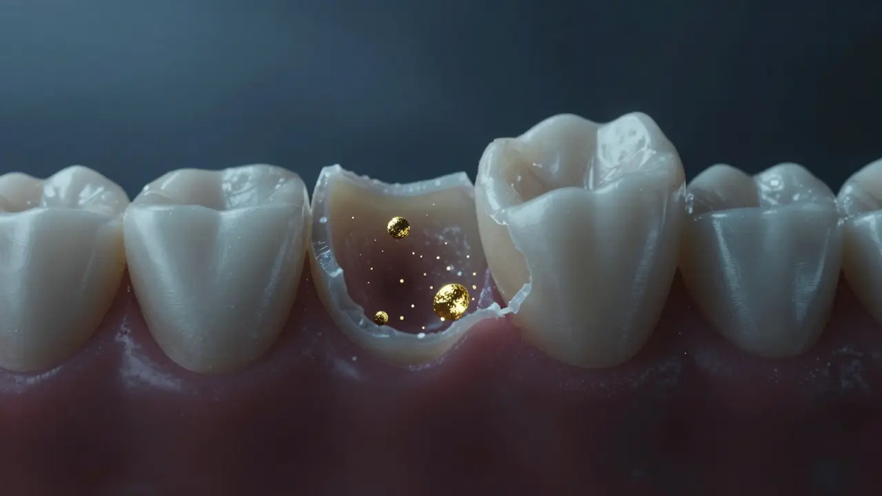 Konceptuální zobrazení pronikání bakterií do oslabeného zubu.