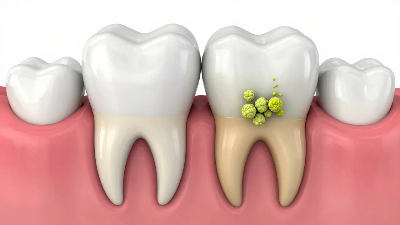 Kresba v řezu ukazující rozdíl mezi zdravou dásní a vzniklou zubní kapsou s bakteriemi.