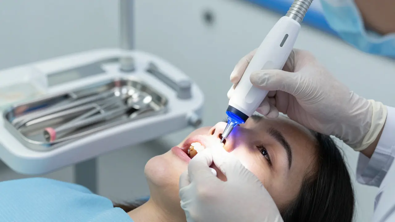 Lékař nanáší kompozitní výplň na zub pacienta.