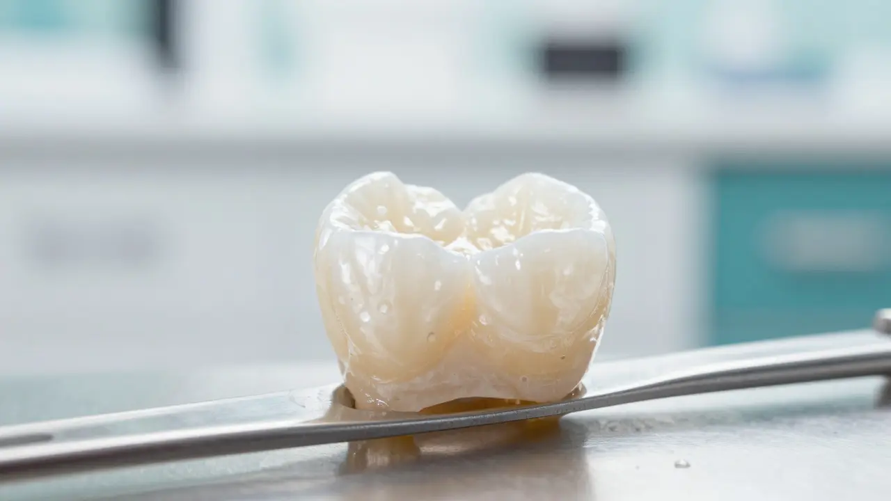 Makro detail keramické a zirkoniové korunky na sterilním povrchu.