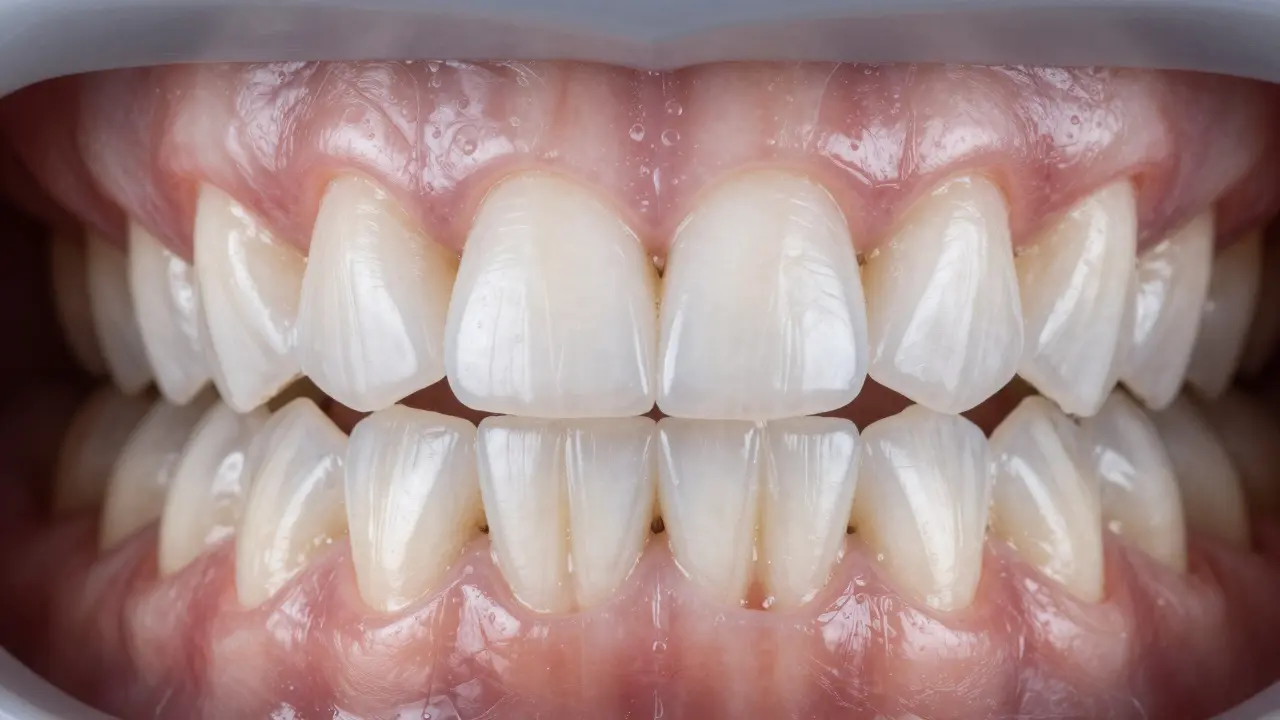 Makro detail keramických facetek zajišťujících trvalý bílý vzhled zubů.