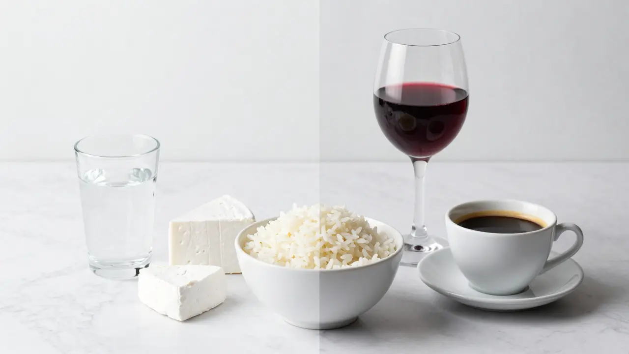 Minimalistická kompozice bílých potravin vedle červeného vína a kávy.