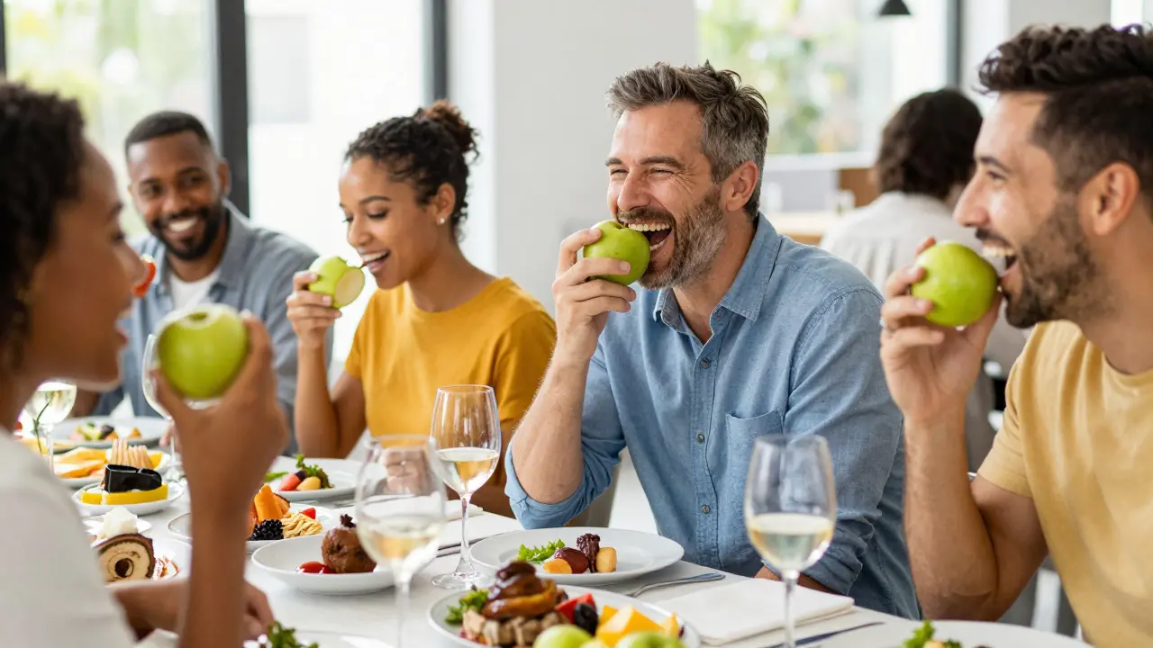 Muž se sebevědomě směje a jí jablko během společné večeře s přáteli.