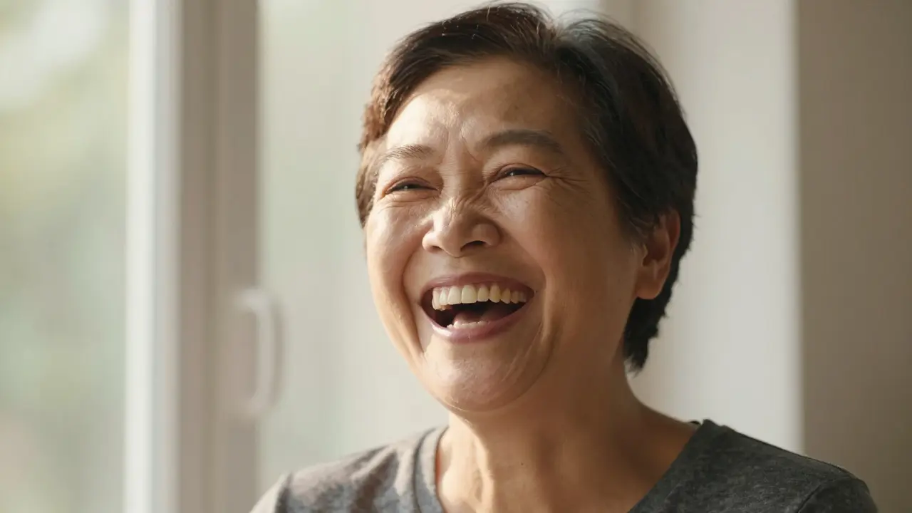 Portrét šťastně se smějícího člověka s přirozeně vypadajícím novým úsměvem.