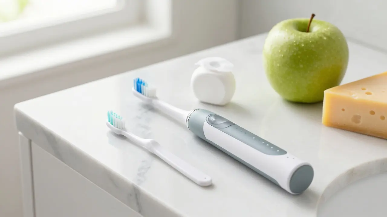 Sada pomůcek pro ústní hygienu, zubní nit a zdravé potraviny na mramoru.