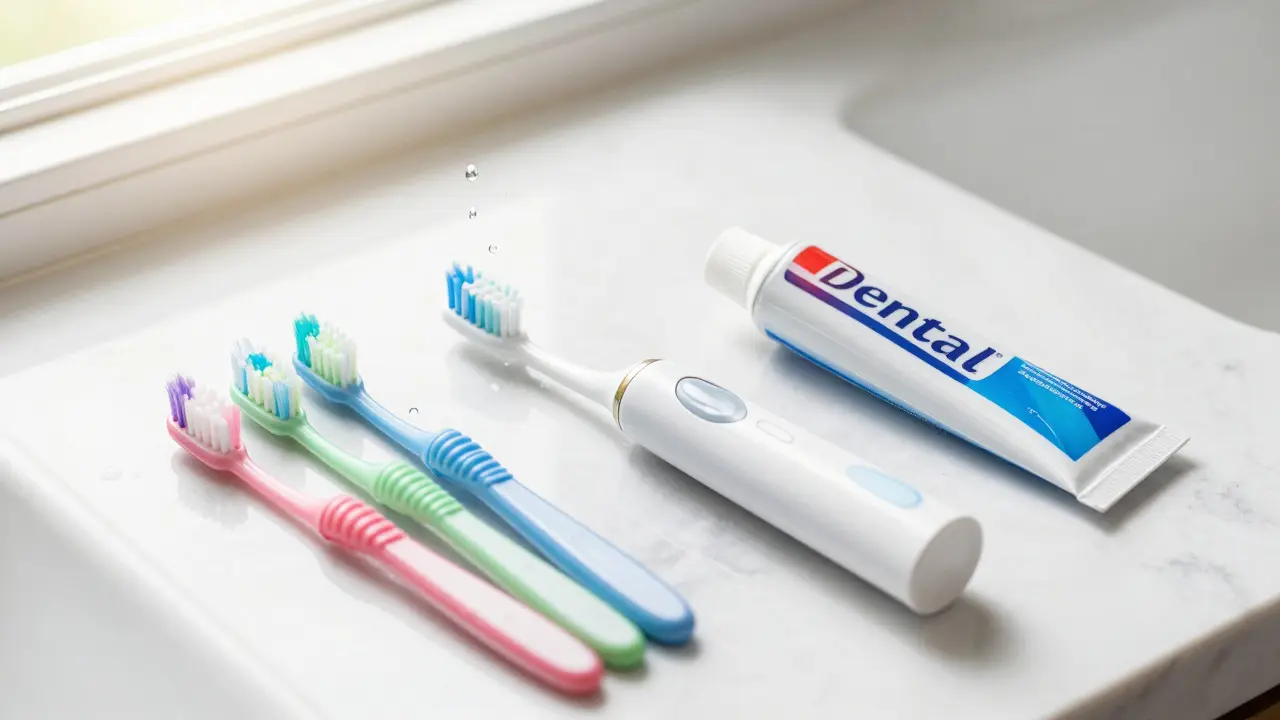 Sada pro domácí hygienu: sonický kartáček, mezizubní kartáčky a pasta.